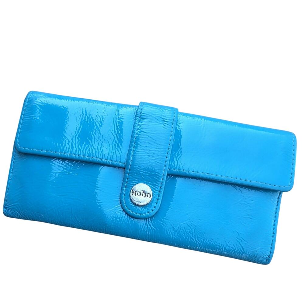 Hobo Turquoise Patent Wallet Foldover Snap Organizer w ID Window Card Slots